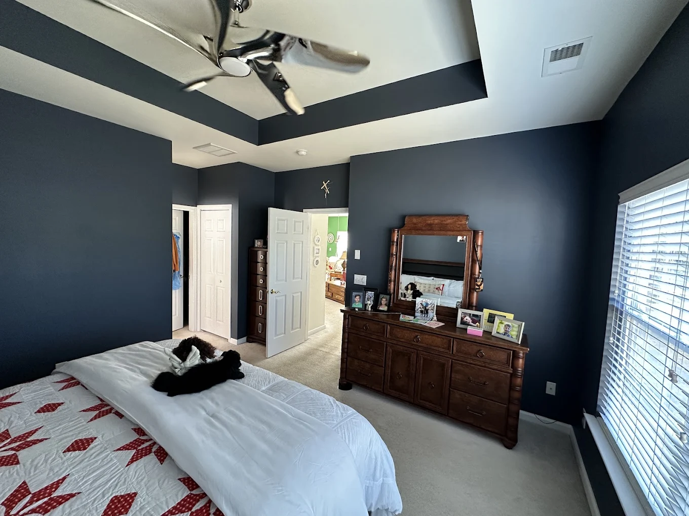 Wall Painting Job in The Farm Neighborhood - This interior wall painting project in The Farm Neighborhood refreshed the bedroom with a modern, deep-toned color scheme. Clean lines, smooth finishes, and careful edge work delivered a bold yet polished look that elevated the entire space.